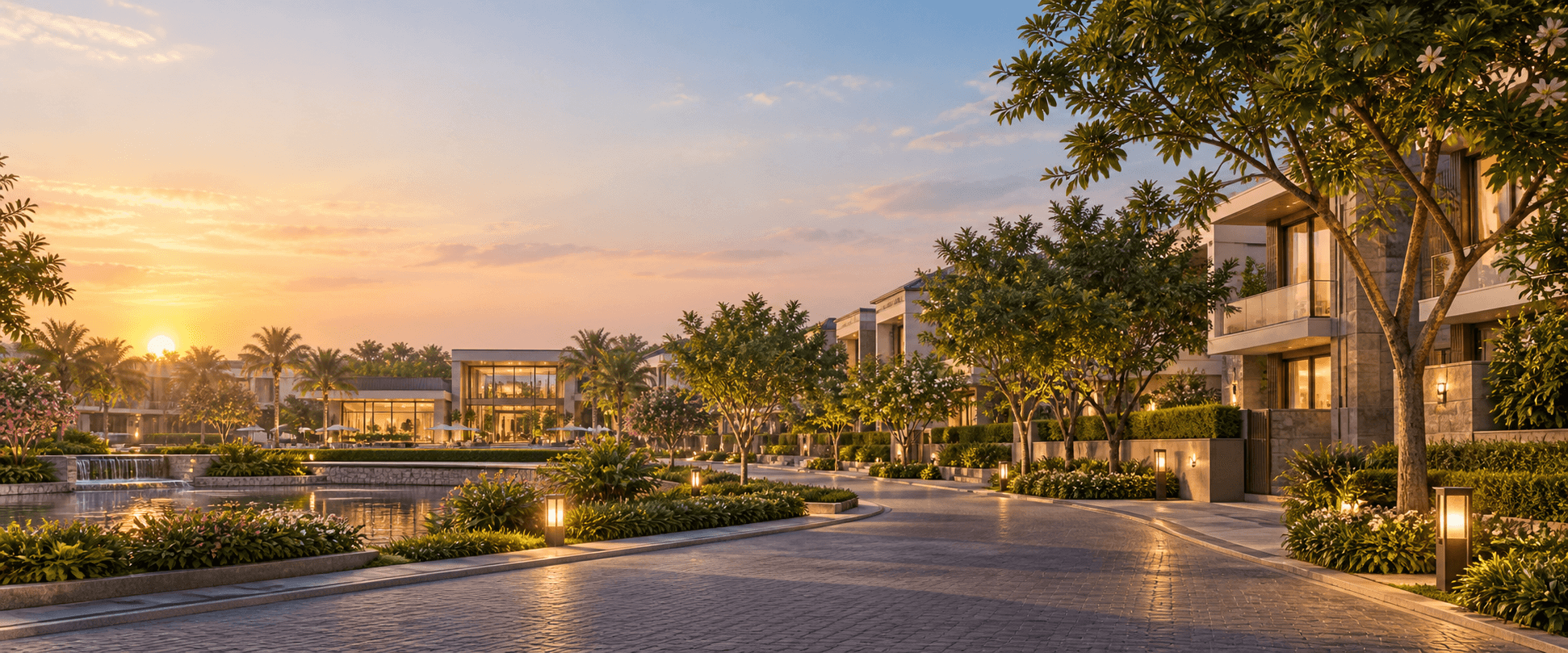 Illustrative landscaped residential community at sunset
